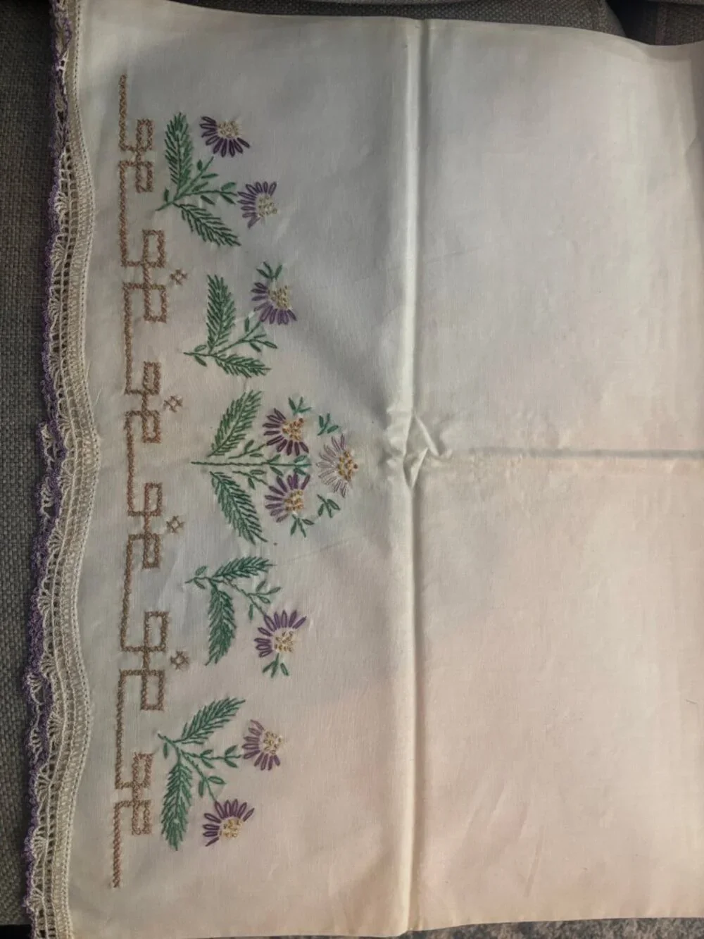 Vintage Hand Embroidered Floral Pillowcase - Purple Daisy Crochet Lace Edge